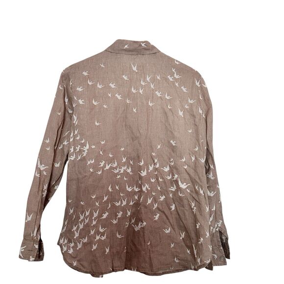 J. Jill XS Linen Bird Dove novelty brown Button Down Long Sleeves blouse - Picture 2 of 8